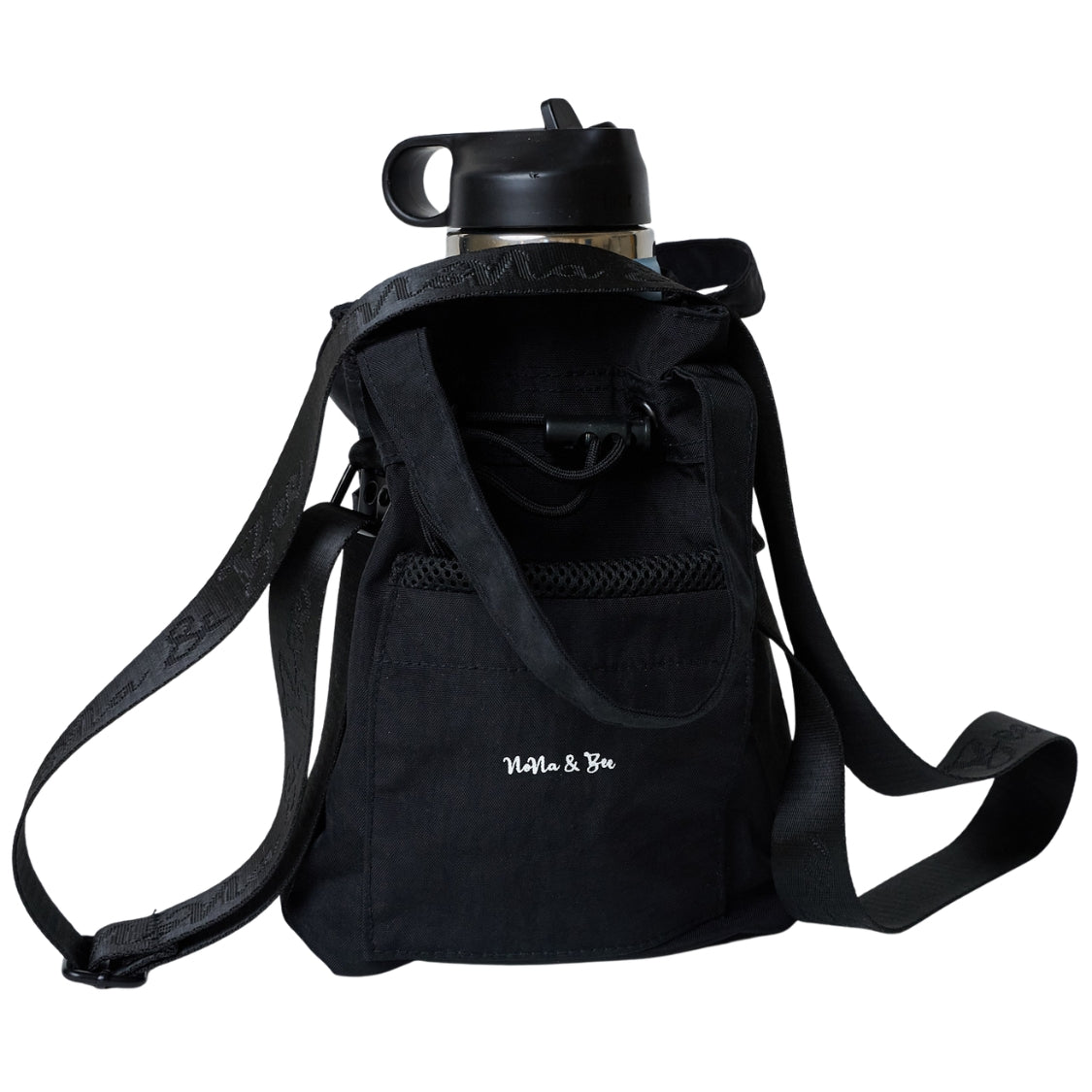 NoNa & Bee Original Water Bottle Holder with Strap, Hands-Free Crossbody Water Bottle Carrier Bag with Phone Pocket (Black)