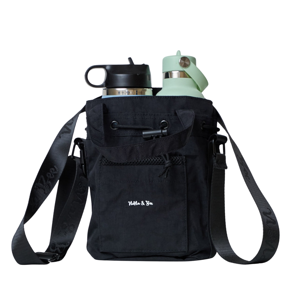 NoNa & Bee Original Water Bottle Holder with Strap, Hands-Free Crossbody Water Bottle Carrier Bag with Phone Pocket (Black)