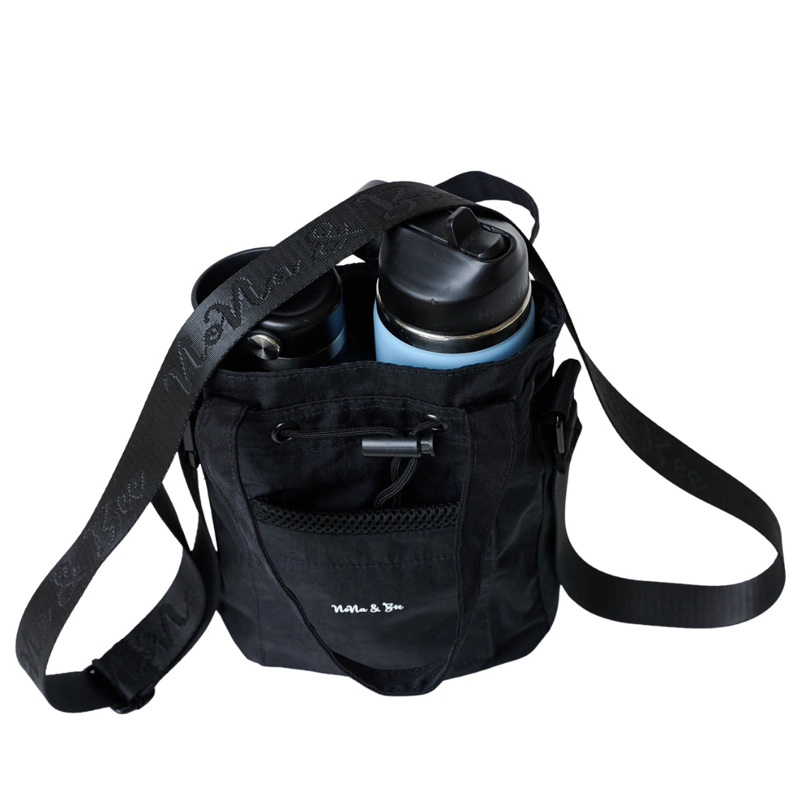 NoNa & Bee Original Water Bottle Holder with Strap, Hands-Free Crossbody Water Bottle Carrier Bag with Phone Pocket (Black)